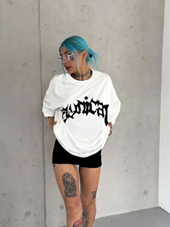 SUPPLİERBY Unisex Bisiklet Yaka Baskılı Oversize T-Shirt - Beyaz