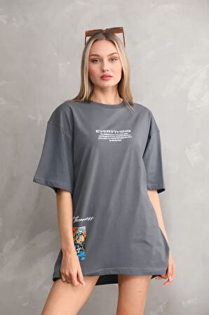 SUPPLİERBY Unisex Bisiklet Yaka Baskılı Oversize T-Shirt - Gri