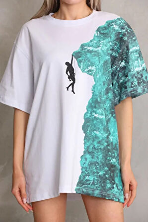 SUPPLİERBY Unisex Bisiklet Yaka Baskılı Oversize T-Shirt - Beyaz