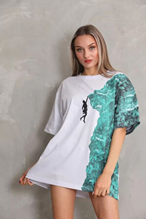 SUPPLİERBY Unisex Bisiklet Yaka Baskılı Oversize T-Shirt - Beyaz