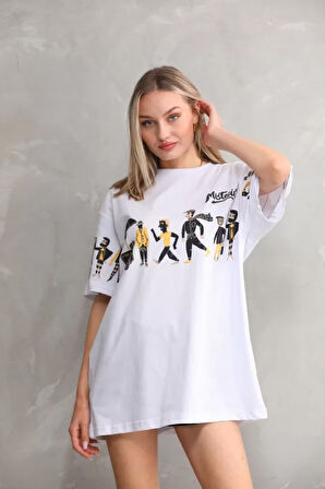 SUPPLİERBY Unisex Bisiklet Yaka Baskılı Oversize T-Shirt - Beyaz
