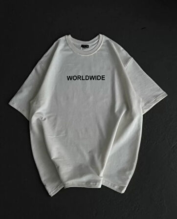 SUPPLİERBY Unisex Bisiklet Yaka Baskılı Oversize T-Shirt - Beyaz