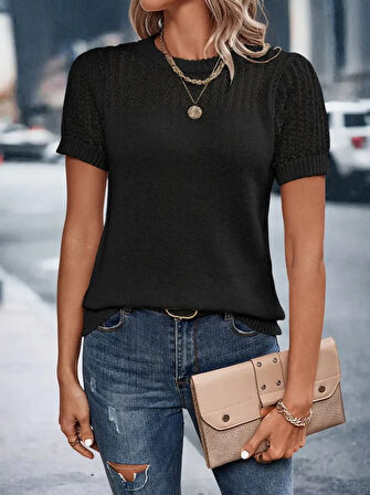 SUPPLİERBY Kadın Kısa Kollu Yaka Detay Triko Bluz