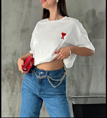 SUPPLİERBY Unisex Bisiklet Yaka Baskılı Oversize T-Shirt - Beyaz