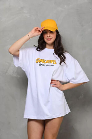 SUPPLİERBY Unisex Bisiklet Yaka Baskılı Oversize T-Shirt - Beyaz