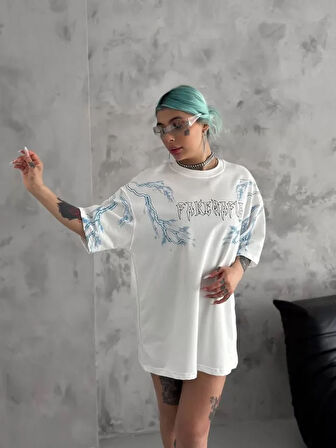 SUPPLİERBY Unisex Bisiklet Yaka Baskılı Oversize T-Shirt - Beyaz