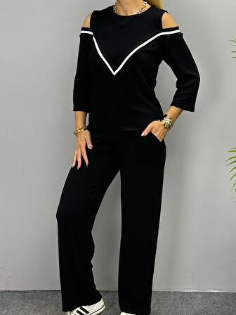 SUPPLİERBY Kadın Ithal Burgu Kumaş Uzun Kollu Omuz Dekolteli Bluz Ve Pantolon Ikili Takım