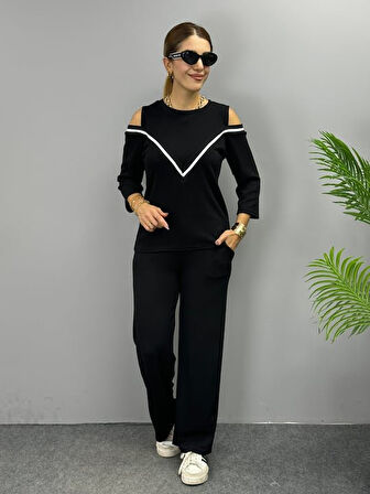 SUPPLİERBY Kadın Ithal Burgu Kumaş Uzun Kollu Omuz Dekolteli Bluz Ve Pantolon Ikili Takım