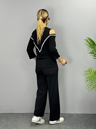 SUPPLİERBY Kadın Ithal Burgu Kumaş Uzun Kollu Omuz Dekolteli Bluz Ve Pantolon Ikili Takım