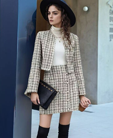 SUPPLİERBY Kadın Uzun Kollu önü Açık Düğme Detaylı Dokuma Ceket Etek Ikili Takım