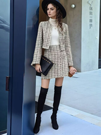 SUPPLİERBY Kadın Uzun Kollu önü Açık Düğme Detaylı Dokuma Ceket Etek Ikili Takım