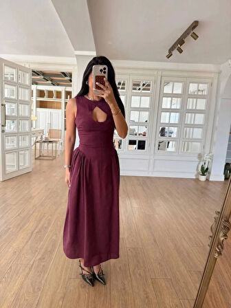 SUPPLİERBY Kolsuz Uzun Kabardin Elbise - Bordo