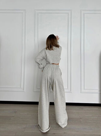 SUPPLİERBY Uzun Kollu Önü İp Büzgülü  Crop Ve Pantolon İkili Takım - Gri