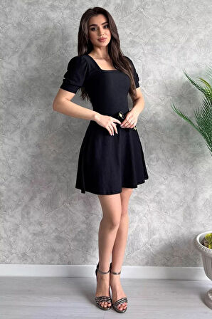 SUPPLİERBY Bigdart 2339 Kare Yaka Örme Elbise - Siyah