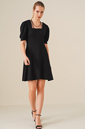 SUPPLİERBY Bigdart 2339 Kare Yaka Örme Elbise - Siyah