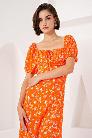 SUPPLİERBY 2387 Yırtmaç Detaylı Elbise - Turuncu