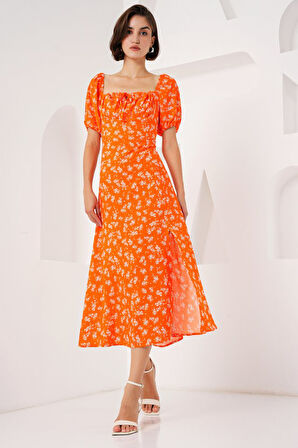 SUPPLİERBY 2387 Yırtmaç Detaylı Elbise - Turuncu