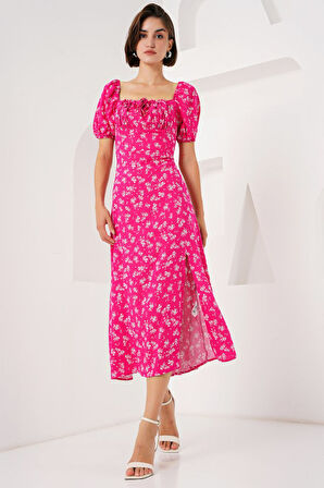 SUPPLİERBY 2387 Yırtmaç Detaylı Elbise - Fuşya