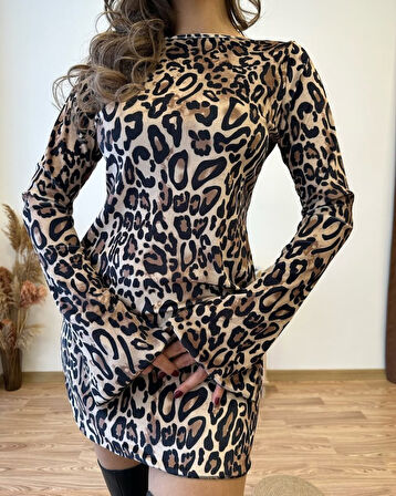 SUPPLİERBY Kadın Uzun Kollu Kayık Yaka Leopar Baskılı Mini Elbise