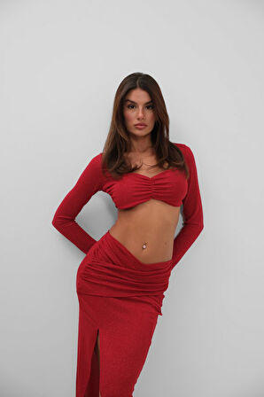 SUPPLİERBY Yırtmaçlı Etek Ve Crop Bluz Takım