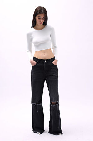SUPPLİERBY Bisiklet Yaka Dokulu Crop