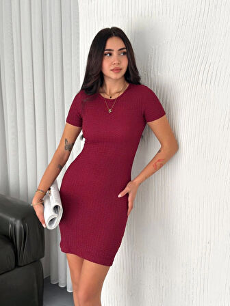 SUPPLİERBY Bisiklet Yaka Kısa Kol Likralı Elbise - Bordo