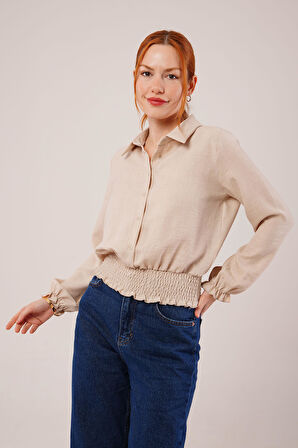 SUPPLİERBY Bel Ve Bilek Lastikli Bej Bluz