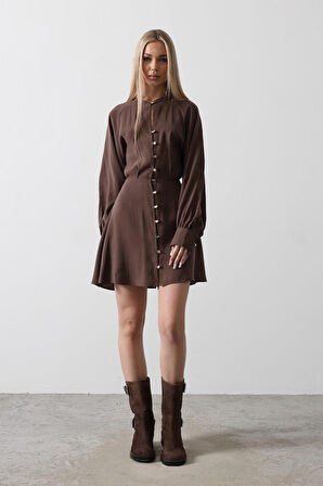 SUPPLİERBY Gold Rengi Düğme Detaylı Elbise - Kahve