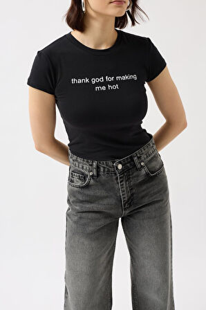 SUPPLİERBY Baskılı Likralı Crop T-Shirt