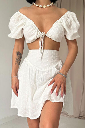 SUPPLİERBY Ekru Brode Crop Ve Mini Etek Takım