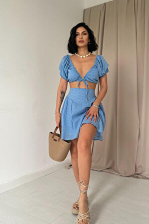 SUPPLİERBY Mavi Brode Crop Ve Mini Etek Takım