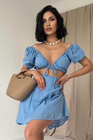 SUPPLİERBY Mavi Brode Crop Ve Mini Etek Takım