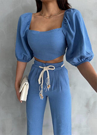 SUPPLİERBY KETEN CROP KARPUZ KOL BLUZ-PANTOLON HASIR KEMERLİ - Mavi