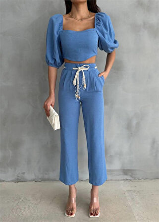 SUPPLİERBY KETEN CROP KARPUZ KOL BLUZ-PANTOLON HASIR KEMERLİ - Mavi