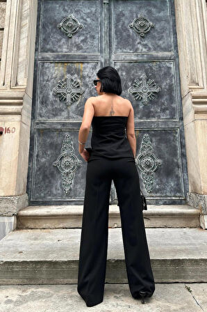 SUPPLİERBY Siyah Straplez Düğmeli Crop Ve Pantolon Takım