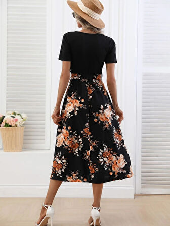 SUPPLİERBY Kadın Kısa Kollu V Yakalı üst Viskon Alt Süprem Midi Elbise