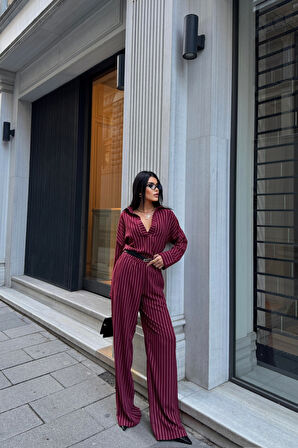 SUPPLİERBY ÇİZGİLİ BLUZ  - PANTOLON TAKIM - Bordo