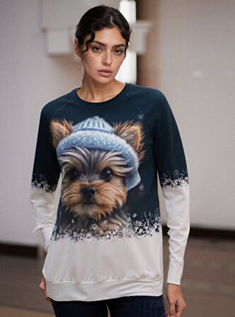 SUPPLİERBY Kadın Uzun Kollu Bisiklet Yaka Köpek Baskılı şardonlu Dalgıç Bluz
