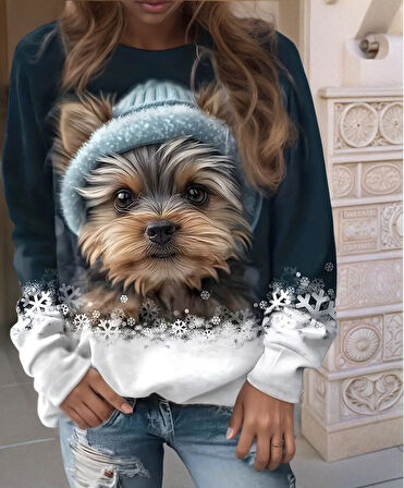 SUPPLİERBY Kadın Uzun Kollu Bisiklet Yaka Köpek Baskılı şardonlu Dalgıç Bluz