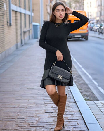 SUPPLİERBY Kadın Uzun Kollu Bisiklet Yaka üst Viskon Etek Ucu Deri Kısa Elbise