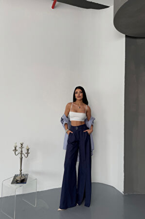 SUPPLİERBY SALAŞ ÖNDEN YIRTMAÇ DETAYLI BEL KEMERLİ PANTOLON - Lacivert