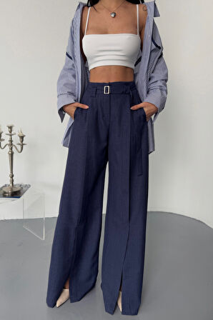 SUPPLİERBY SALAŞ ÖNDEN YIRTMAÇ DETAYLI BEL KEMERLİ PANTOLON - Lacivert