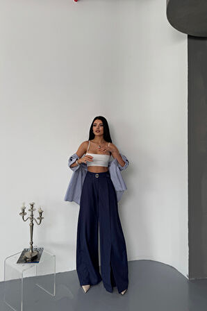 SUPPLİERBY SALAŞ ÖNDEN YIRTMAÇ DETAYLI BEL KEMERLİ PANTOLON - Lacivert