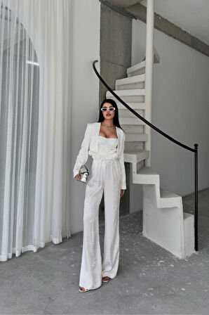 SUPPLİERBY JAKARLI BLUZU TASARIM DETAYLI CEKET-PANTOLON-BLUZ 3 LÜ TAKIM - Beyaz