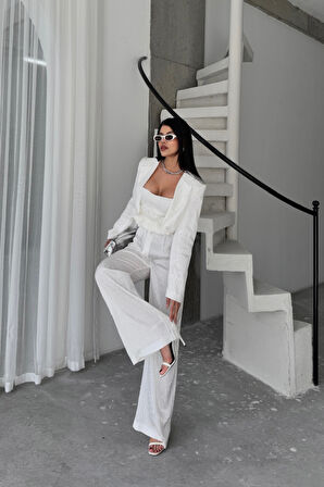 SUPPLİERBY JAKARLI BLUZU TASARIM DETAYLI CEKET-PANTOLON-BLUZ 3 LÜ TAKIM - Beyaz