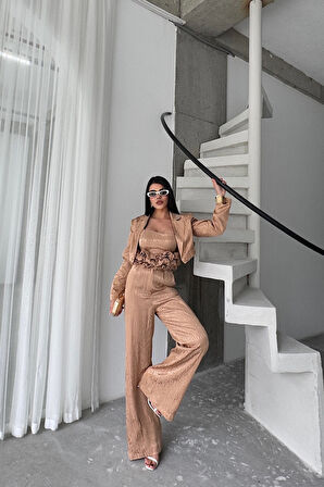 SUPPLİERBY JAKARLI BLUZU TASARIM DETAYLI CEKET-PANTOLON-BLUZ 3 LÜ TAKIM - Bej