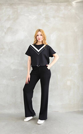 SUPPLİERBY Osy Modal Yumuşak Dokulu Kumaş Bisiklet Yaka Parçalı Detaylı Kısa Kollu Takım - Siyah