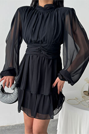 SUPPLİERBY ŞİFON KATLI UZUN KOL ELBİSE - Siyah