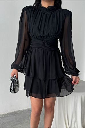 SUPPLİERBY ŞİFON KATLI UZUN KOL ELBİSE - Siyah