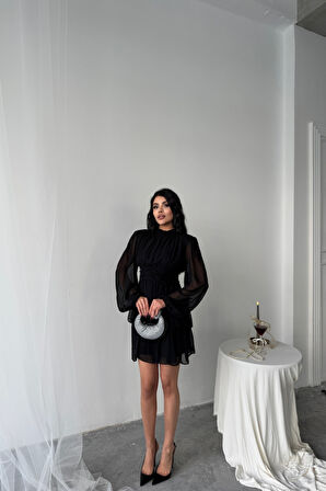 SUPPLİERBY ŞİFON KATLI UZUN KOL ELBİSE - Siyah